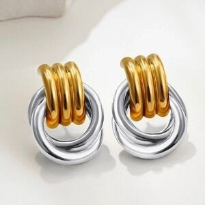 Two Tone Classic Gold Silver Double Ring‎ Stud Drop Earrings